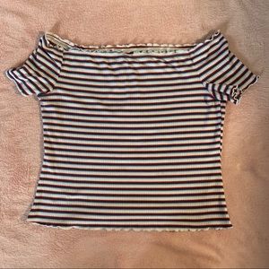 white red & blue striped shoulder cropped shirt